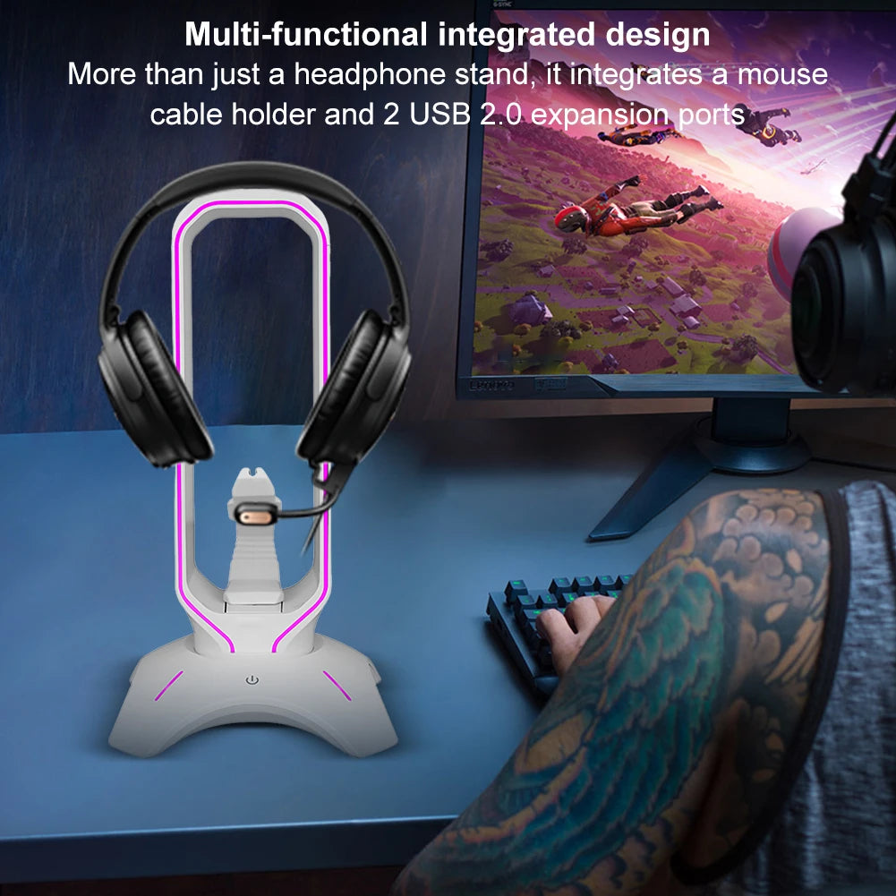 RGB Headset Stand with Mouse Bungee Cord Holder Gaming Headphone Stand with 2 USB Ports Over-Ear Headset Holder for Desk Display