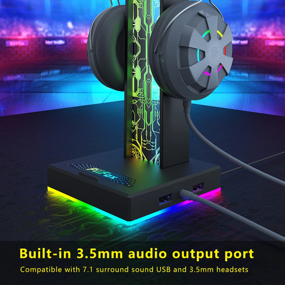 HS-01 RGB Gaming Headphone Stand Bracket Built-In 3.5mm Audio Output Port 10 Lighting Modes Headset Support Stand for Table