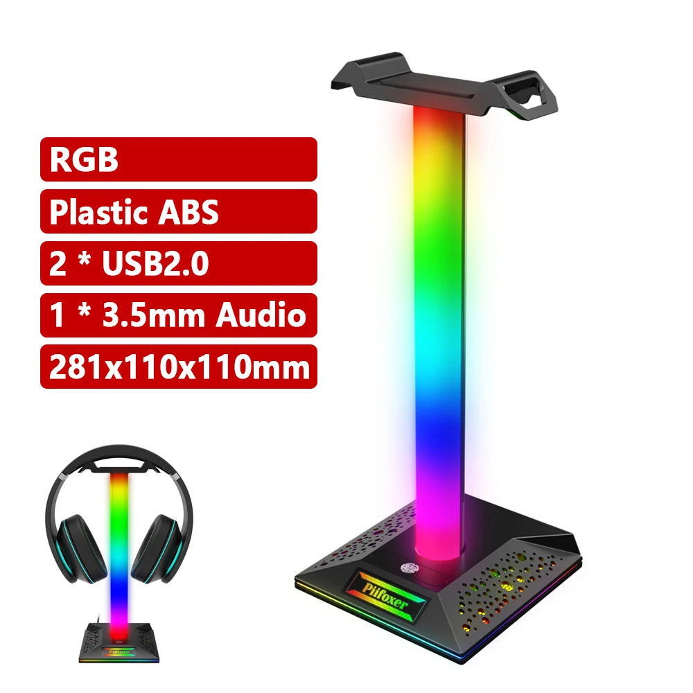 HS-01 RGB Gaming Headphone Stand Bracket Built-In 3.5mm Audio Output Port 10 Lighting Modes Headset Support Stand for Table