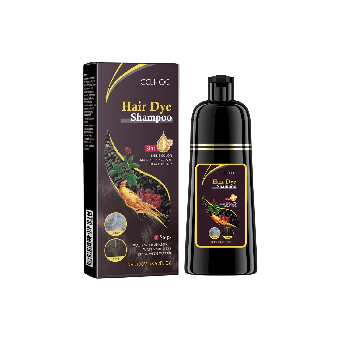 EELHOE Black Hair Dye Shampoo 3 in 1 Growth Clean Hair Darkening Deep Nourishing Black Hair Dye Shampoo Natural Organic Herbal