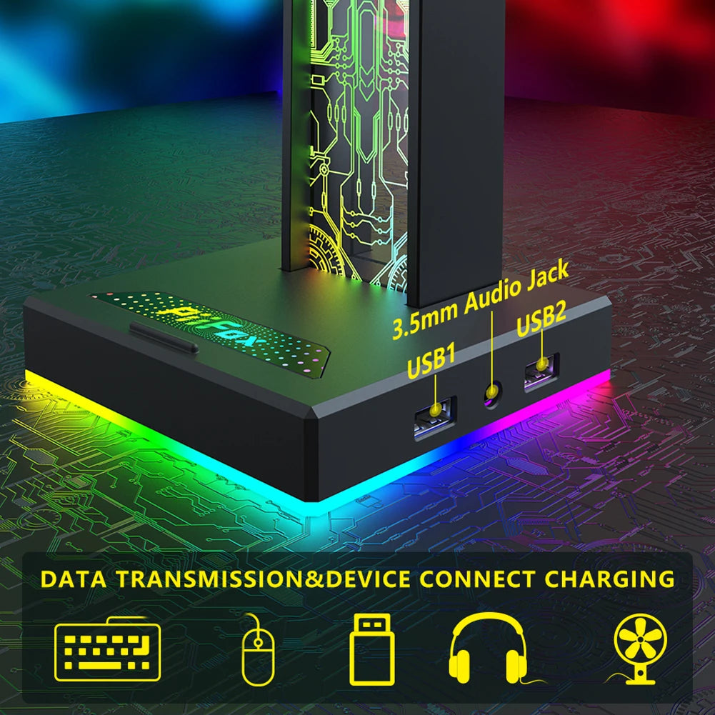 HS-01 RGB Gaming Headphone Stand Bracket Built-In 3.5mm Audio Output Port 10 Lighting Modes Headset Support Stand for Table