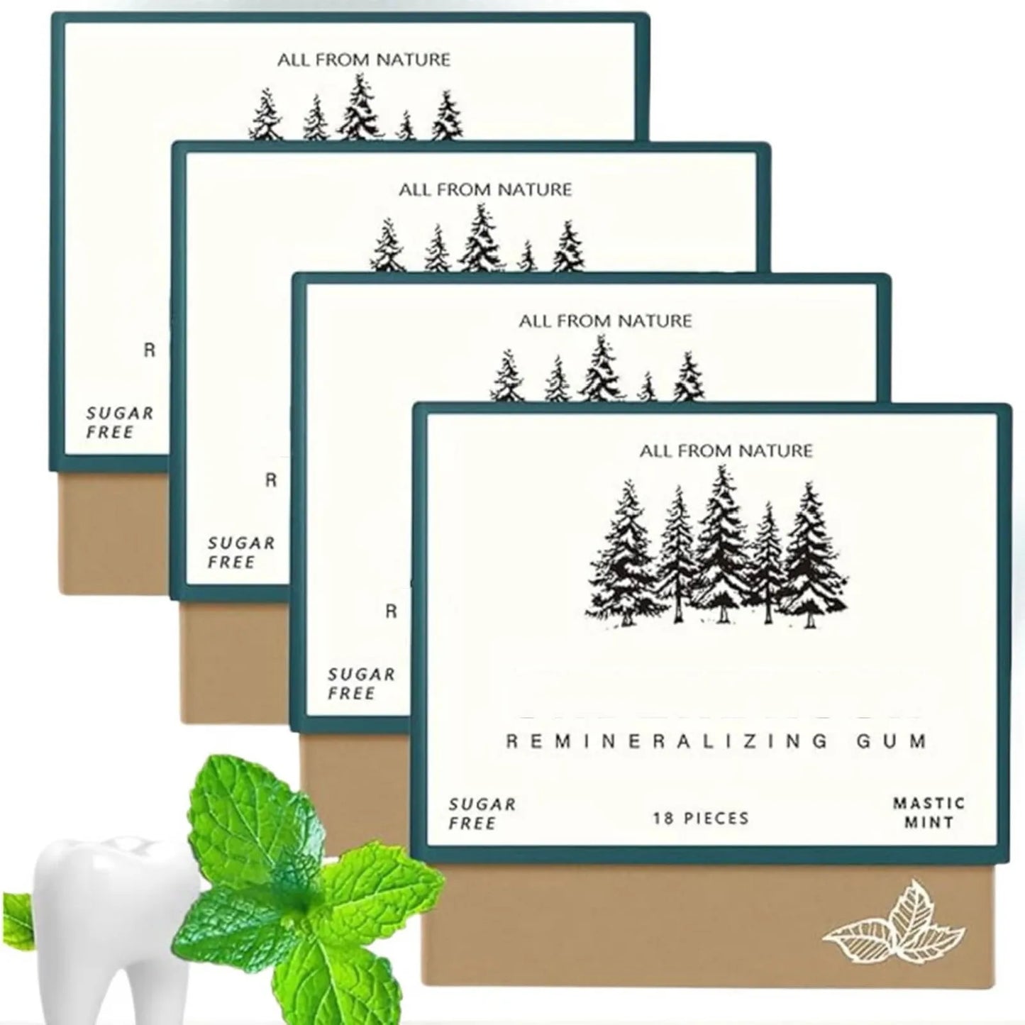 Remineralizing Chewing Gum, 2025 Organic Natural Mastic Mint Gum Sugar Free Freshen Breath for Teeth Health Enamel Care 4 Boxes