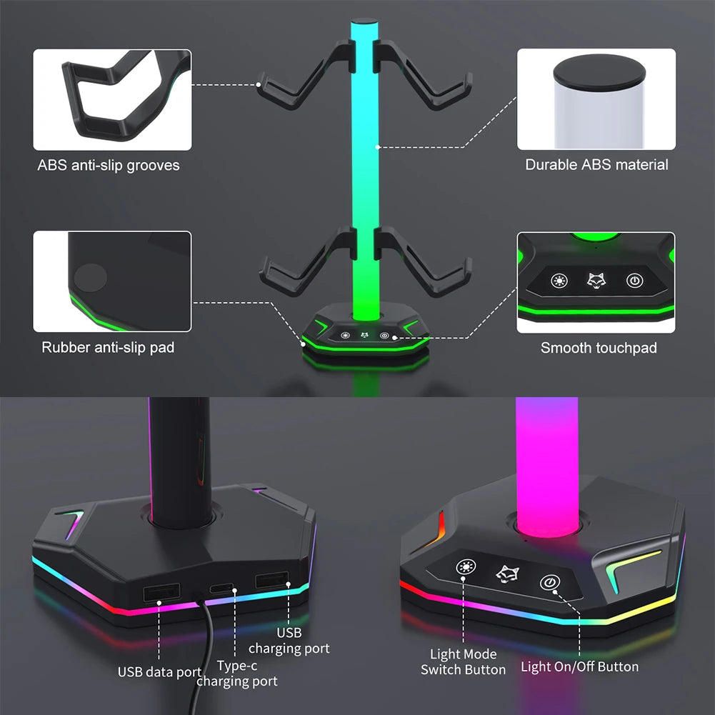RGB Headphone Stand Controller Hook 9 Light Modes for Desk Controller Stand Hanger Desktop Display Holder Gaming Headset Holder