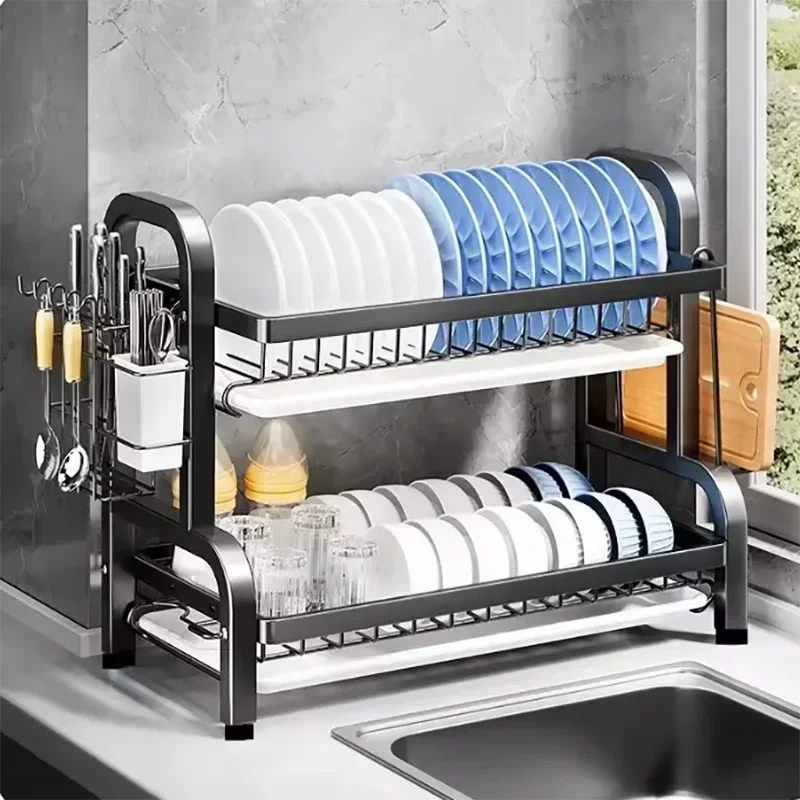 2 Tier Stainless Steel Dish Drying Rack with Drainboard Utensil Holder Compact Rust Proof Kitchen Storage Organizer