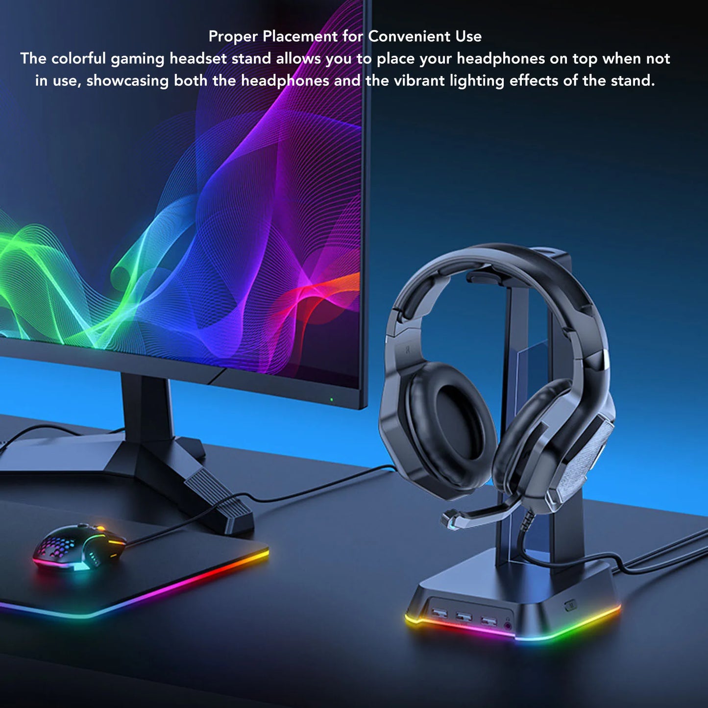 Gaming Headset Stand USB Port Multifunctional Colorful Lighting Desk Game Headphone Stand for Home