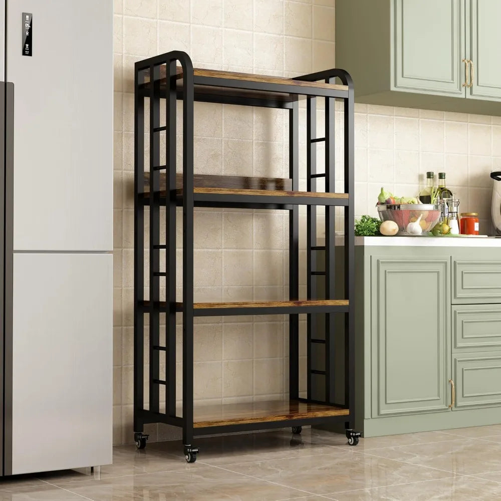 4-Tier Kitchen Baker's Rack with Rolling Wheels, Microwave Oven Cart Stand, Adjustable Utility Shelving Storage Unit, Heavy Duty