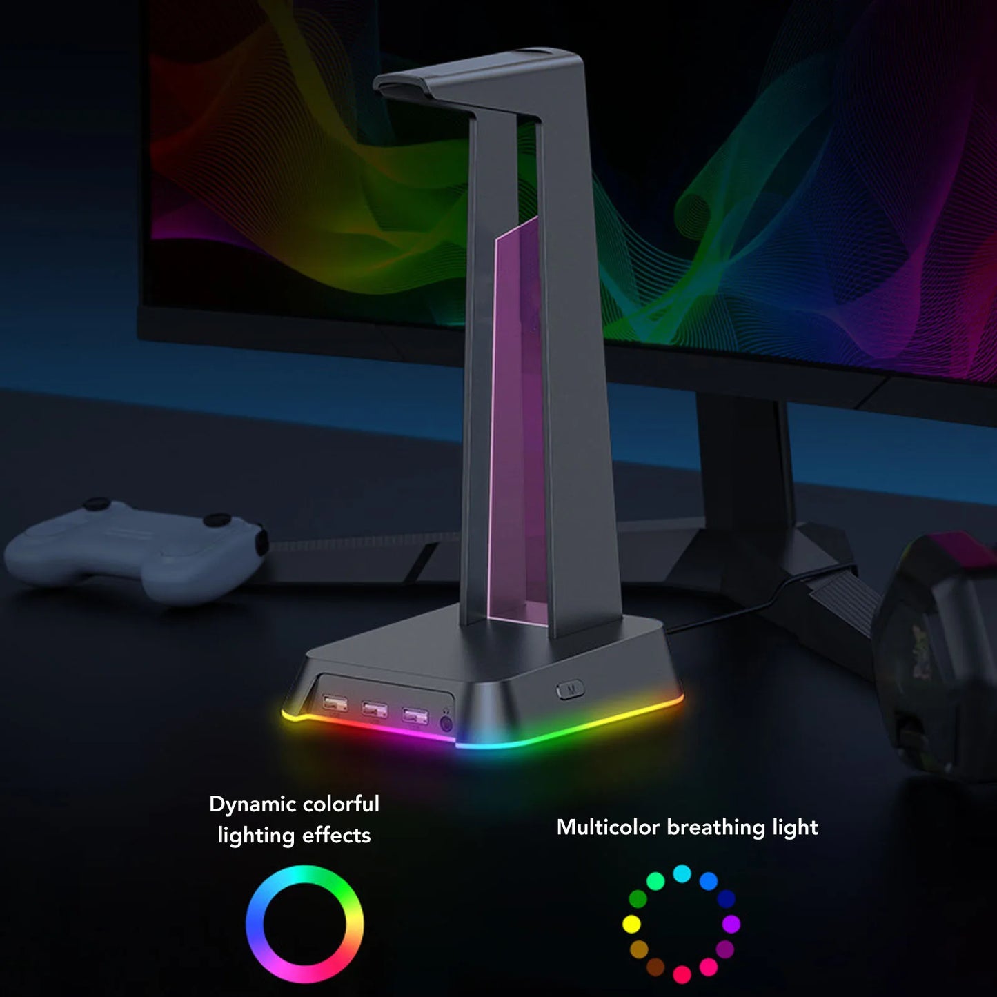 Gaming Headset Stand USB Port Multifunctional Colorful Lighting Desk Game Headphone Stand for Home