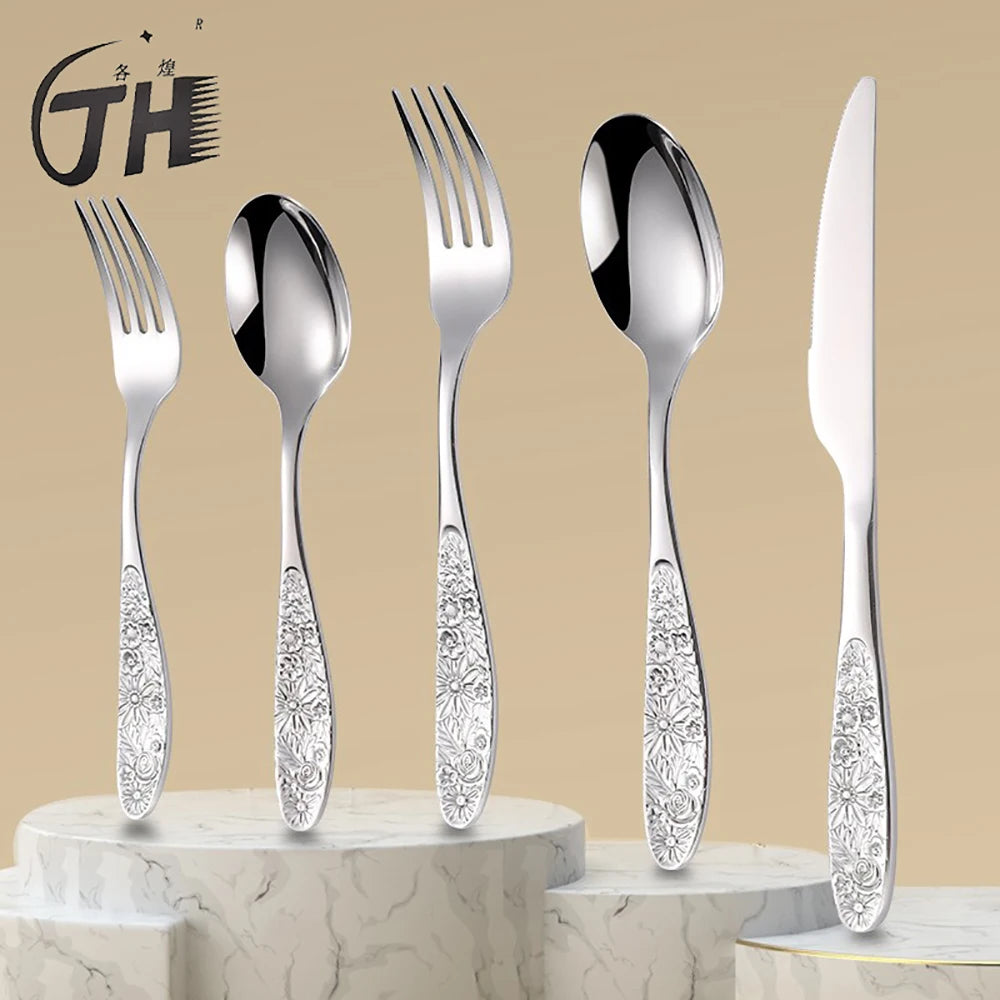 GH304 stainless steel western tableware pattern embossed knives and forks spoon four-piece set for restaurant hotel home use