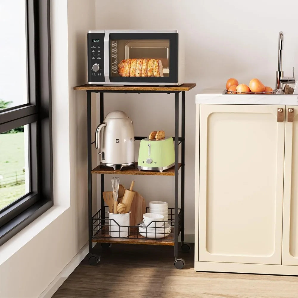 Microwave Cart with Storage, 3-Tier Rolling Kitchen Stand with Wire Basket, Wood and Metal Utility Cart on Wheels, Coffee Bar St