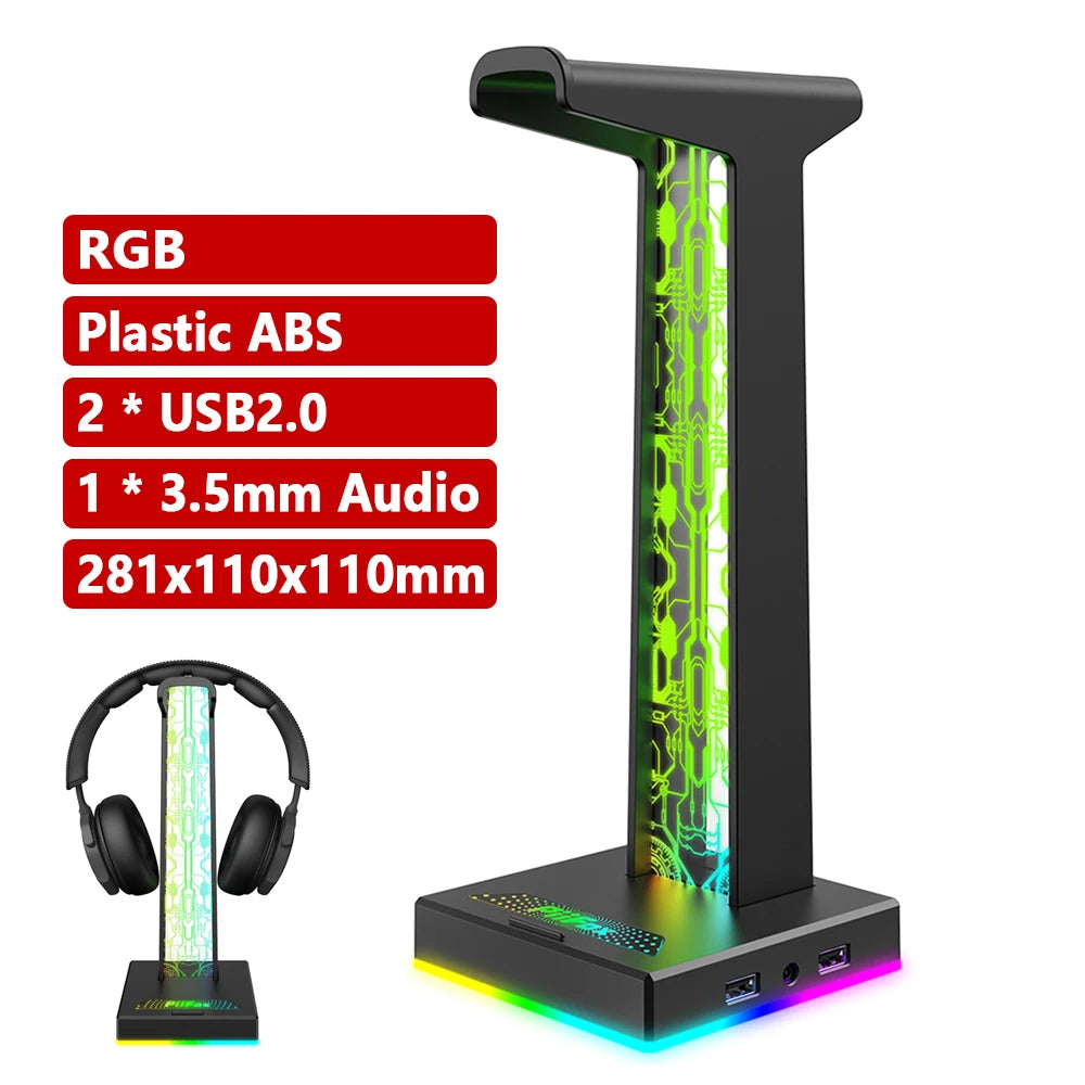 HS-01 RGB Gaming Headphone Stand Bracket Built-In 3.5mm Audio Output Port 10 Lighting Modes Headset Support Stand for Table