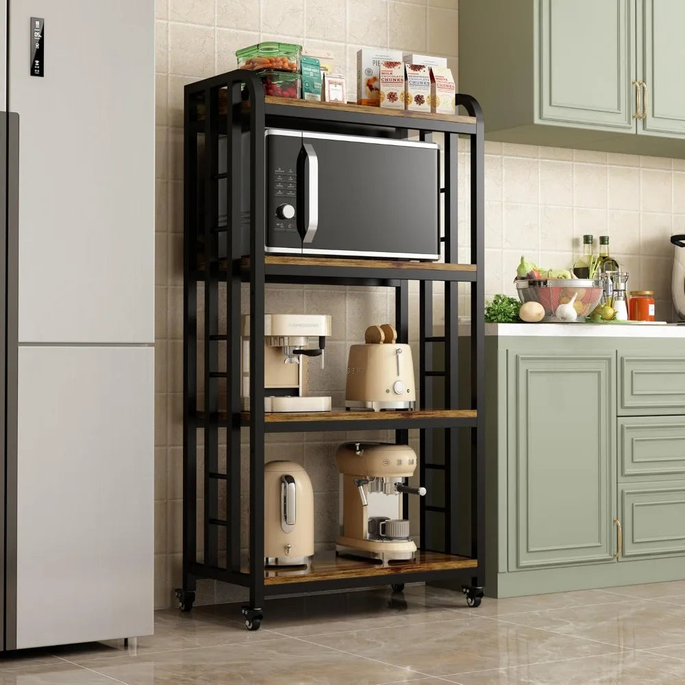 4-Tier Kitchen Baker's Rack with Rolling Wheels, Microwave Oven Cart Stand, Adjustable Utility Shelving Storage Unit, Heavy Duty