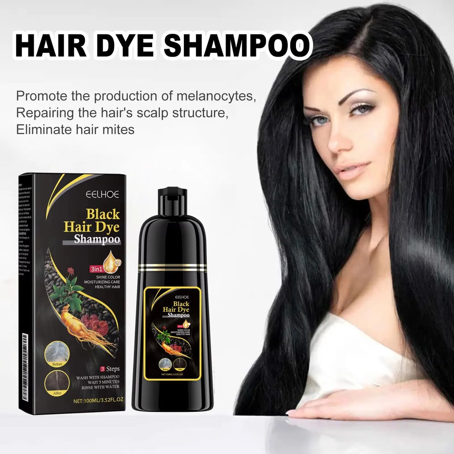 EELHOE Black Hair Dye Shampoo 3 in 1 Growth Clean Hair Darkening Deep Nourishing Black Hair Dye Shampoo Natural Organic Herbal