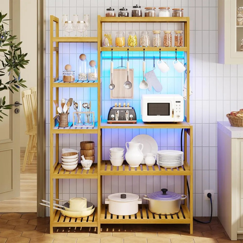 Bakers Rack with Power Outlet, Coffee Bar, 10-Tier Kitchen Shelves with 8 Hooks, Microwave Stand Kitchen Rack Freestanding Utili