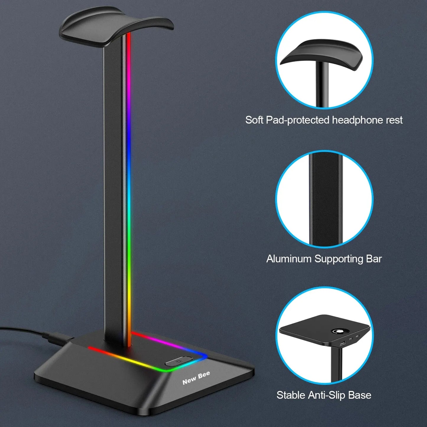 New Bee Z8 RGB Headphones Stand Holder Desk Gaming Headset Cool Display With 2 USB Ports Holder Non-Slip Rubber Base for Gamer