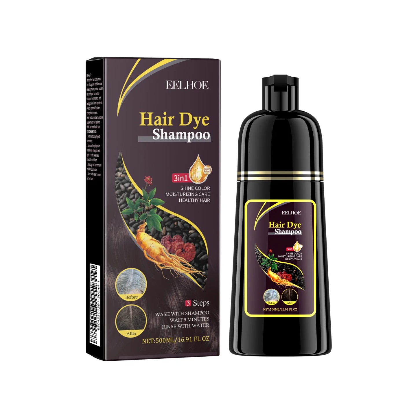 EELHOE Black Hair Dye Shampoo 3 in 1 Growth Clean Hair Darkening Deep Nourishing Black Hair Dye Shampoo Natural Organic Herbal