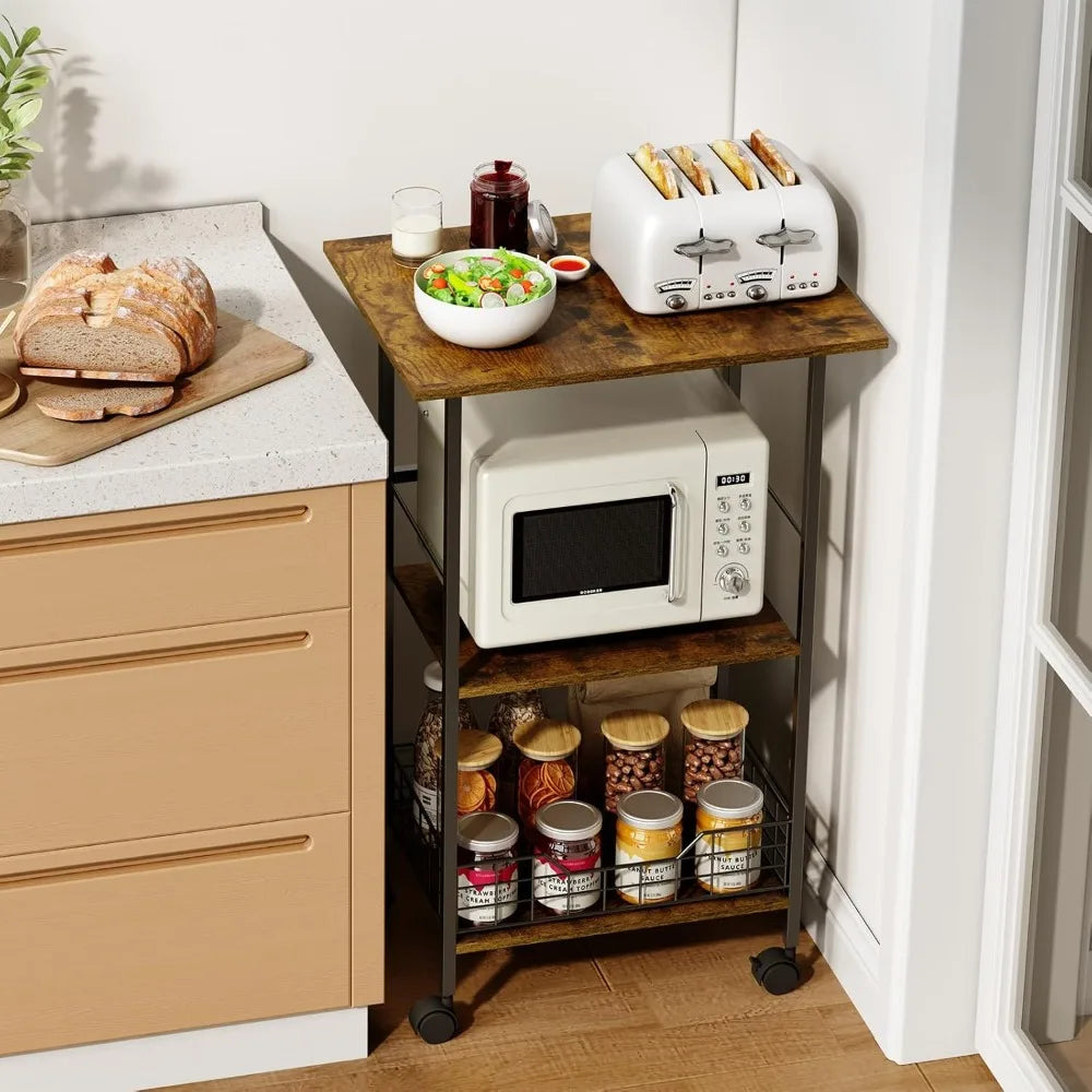 Microwave Cart with Storage, 3-Tier Rolling Kitchen Stand with Wire Basket, Wood and Metal Utility Cart on Wheels, Coffee Bar St