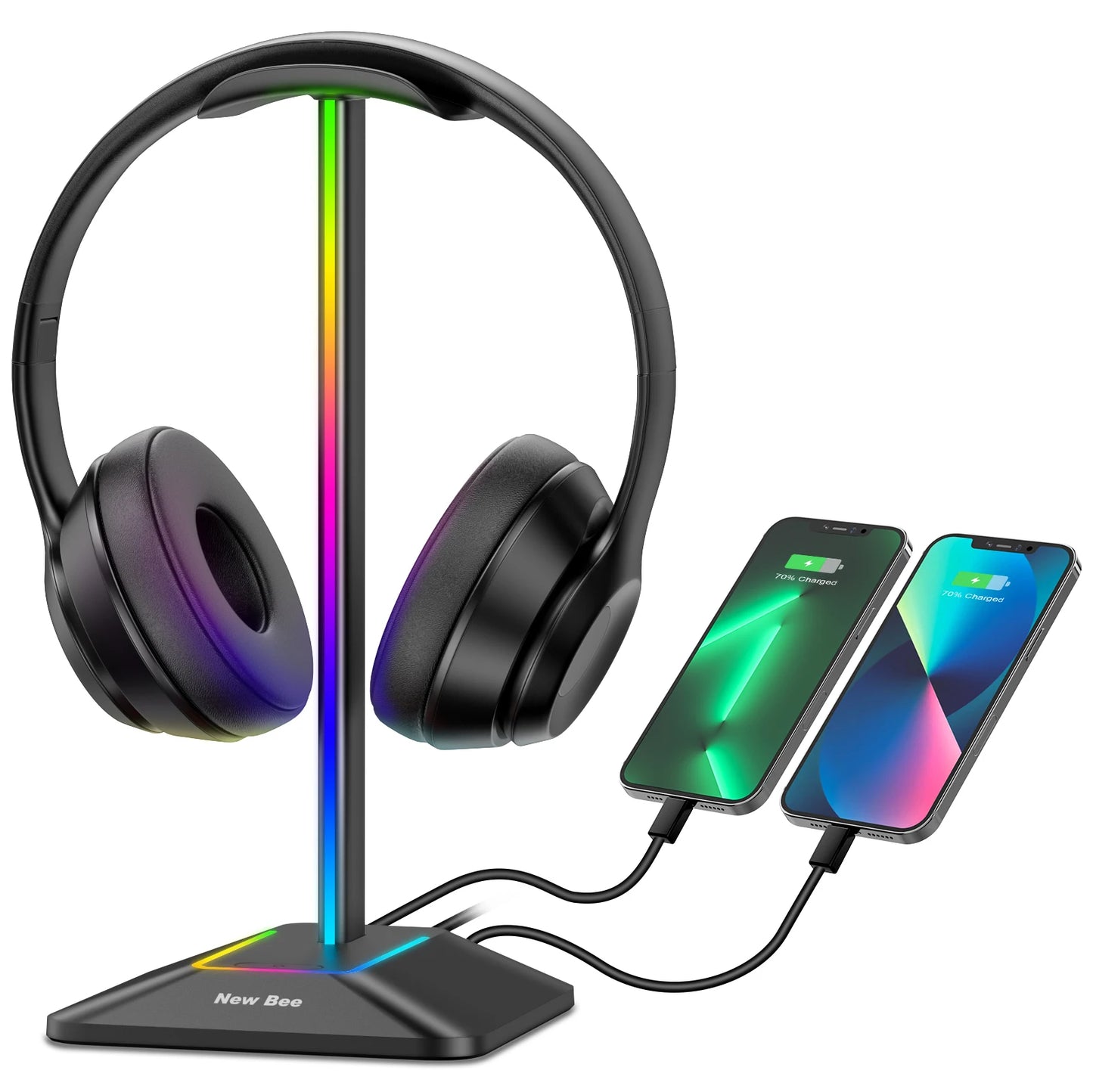 New Bee Z8 Headphones Stand RGB Gaming Holder with 2 USB Ports Desk Headset Cool Display Holder Non-Slip Rubber Base for Gamer
