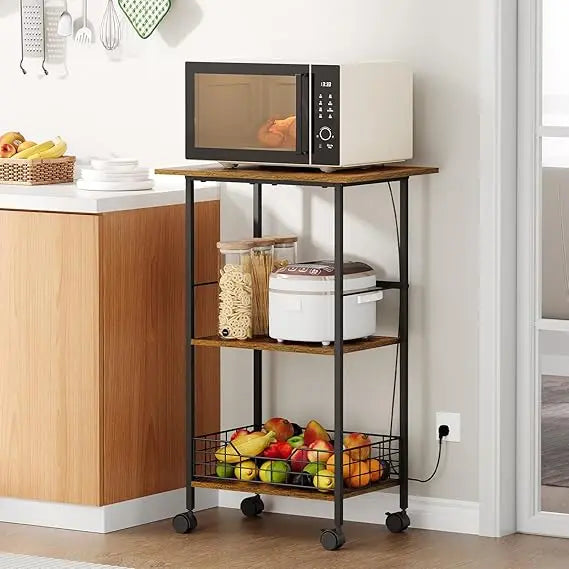 Microwave Cart with Storage, 3-Tier Rolling Kitchen Stand with Wire Basket, Wood and Metal Utility Cart on Wheels, Coffee Bar St