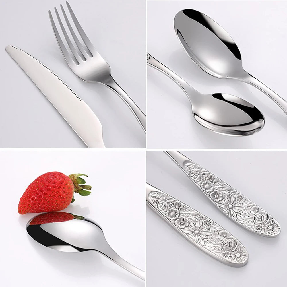 GH304 stainless steel western tableware pattern embossed knives and forks spoon four-piece set for restaurant hotel home use