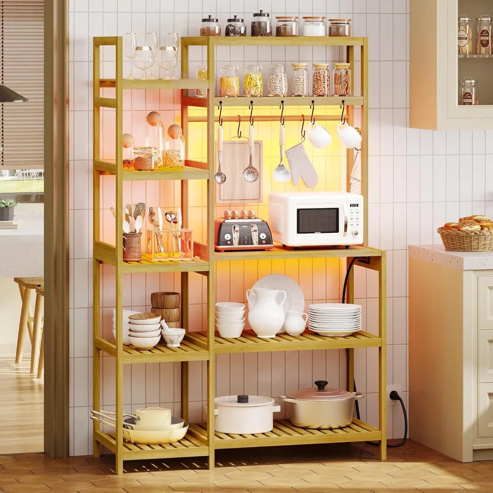 Bakers Rack with Power Outlet, Coffee Bar, 10-Tier Kitchen Shelves with 8 Hooks, Microwave Stand Kitchen Rack Freestanding Utili