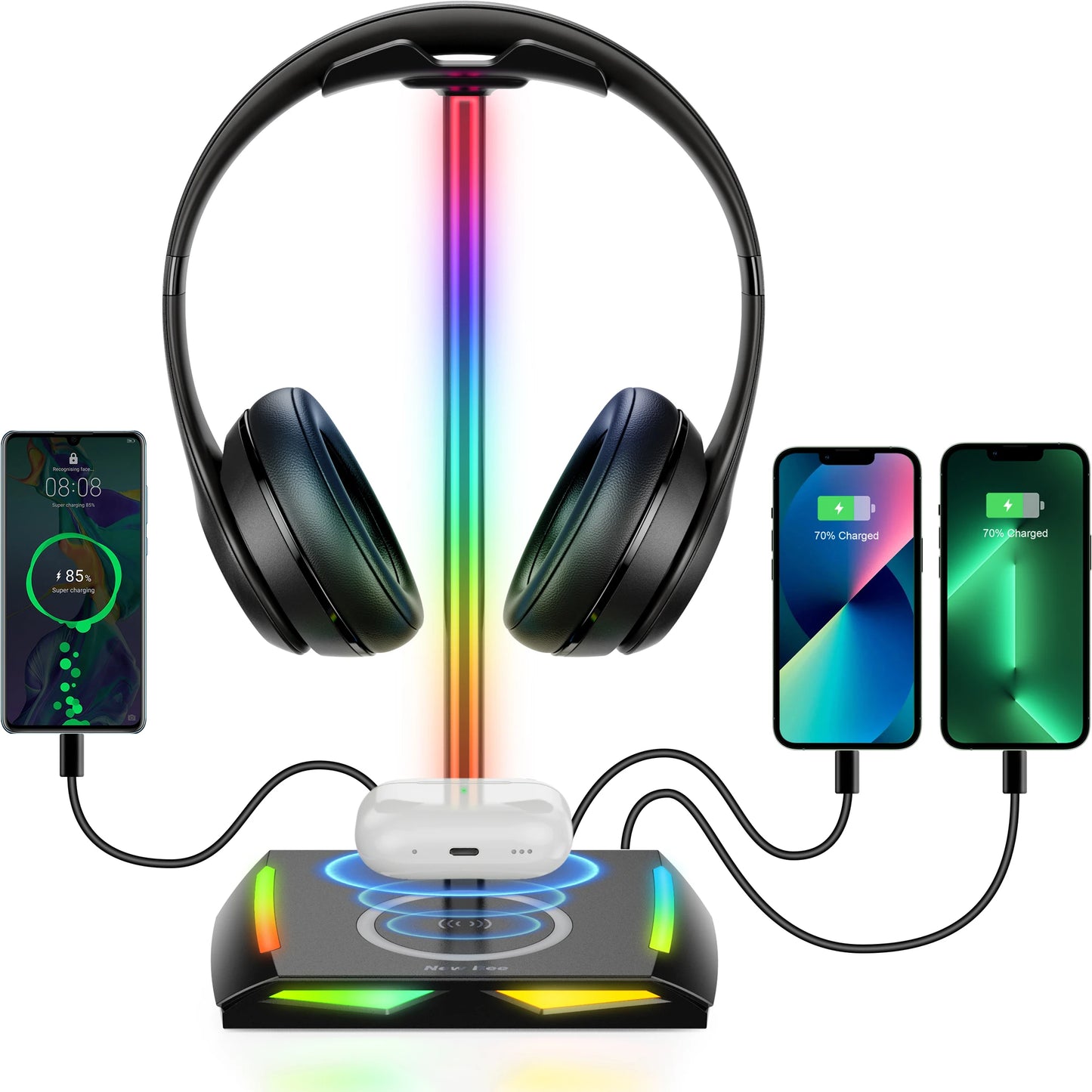 New Bee Z8 Headphones Stand RGB Gaming Holder with 2 USB Ports Desk Headset Cool Display Holder Non-Slip Rubber Base for Gamer