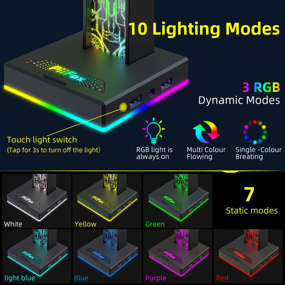 HS-01 RGB Gaming Headphone Stand Bracket Built-In 3.5mm Audio Output Port 10 Lighting Modes Headset Support Stand for Table