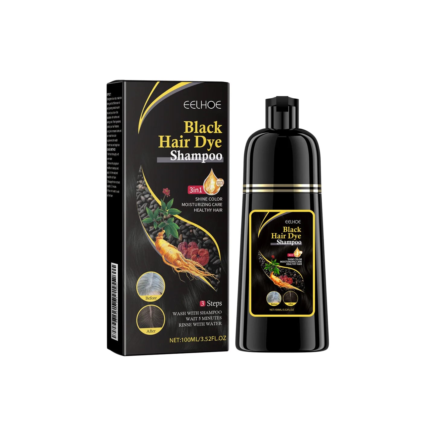 EELHOE Black Hair Dye Shampoo 3 in 1 Growth Clean Hair Darkening Deep Nourishing Black Hair Dye Shampoo Natural Organic Herbal
