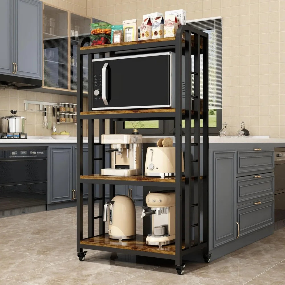 4-Tier Kitchen Baker's Rack with Rolling Wheels, Microwave Oven Cart Stand, Adjustable Utility Shelving Storage Unit, Heavy Duty
