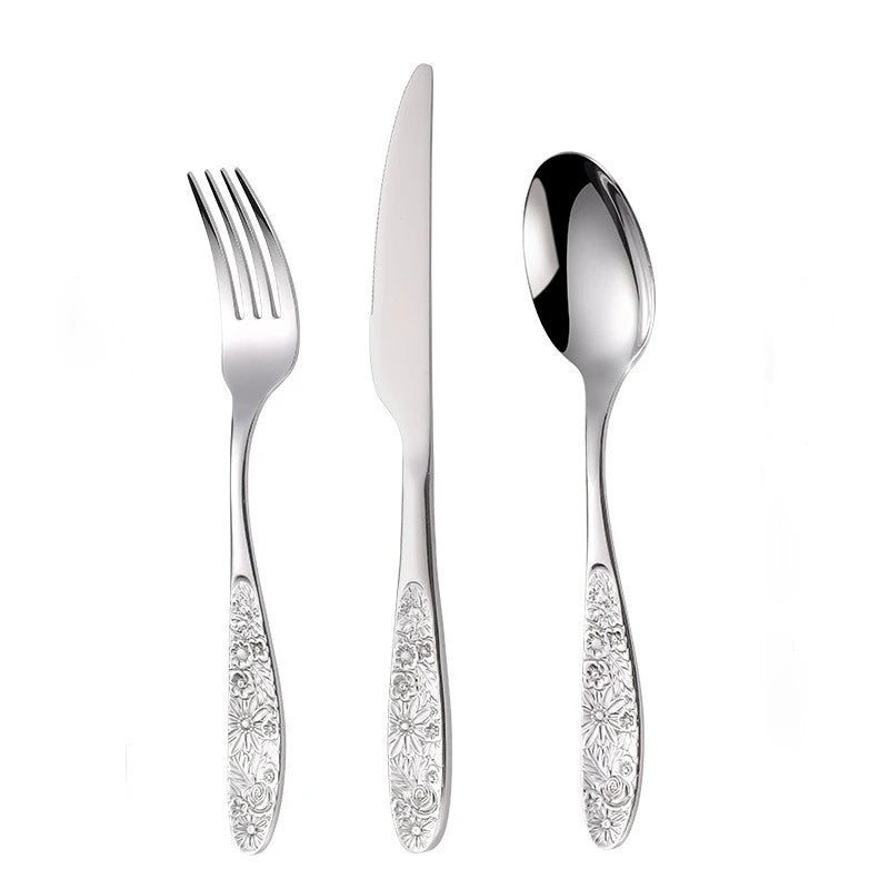 GH304 stainless steel western tableware pattern embossed knives and forks spoon four-piece set for restaurant hotel home use