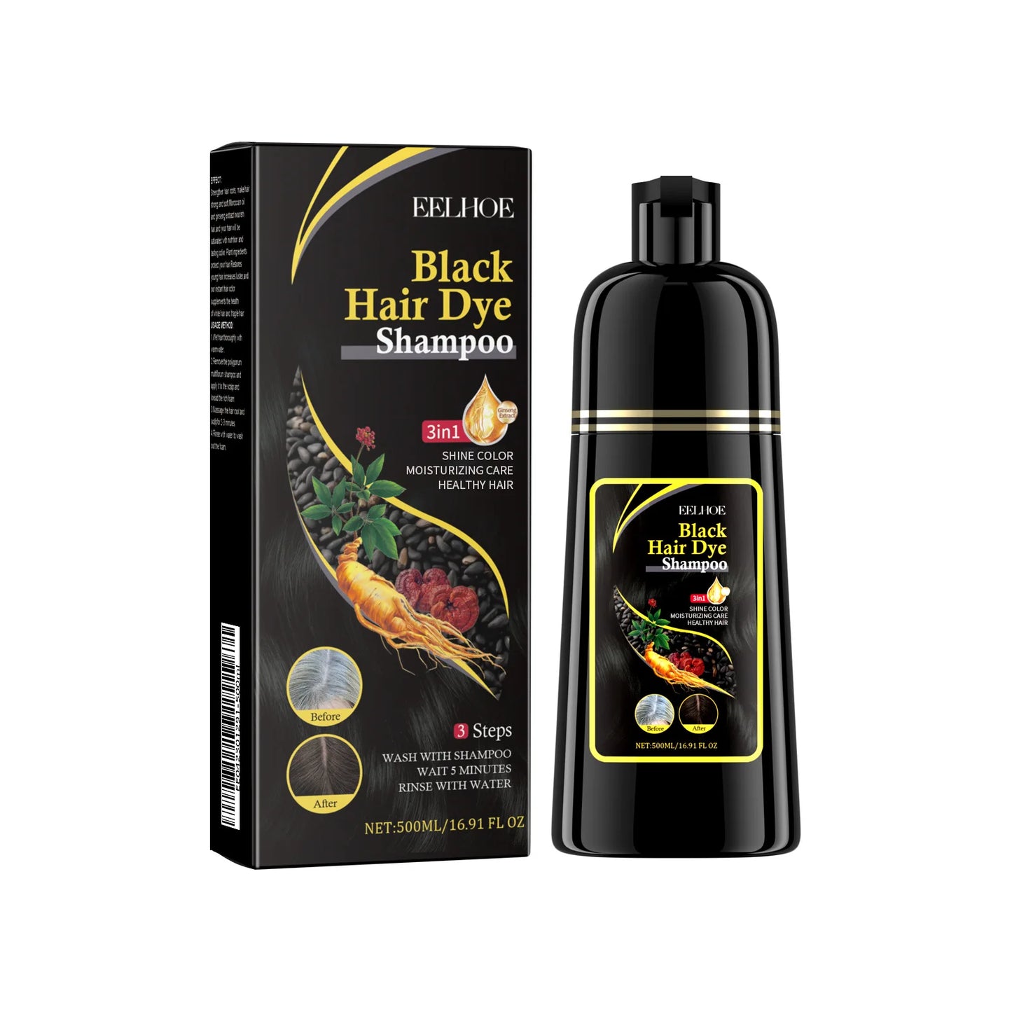 EELHOE Black Hair Dye Shampoo 3 in 1 Growth Clean Hair Darkening Deep Nourishing Black Hair Dye Shampoo Natural Organic Herbal