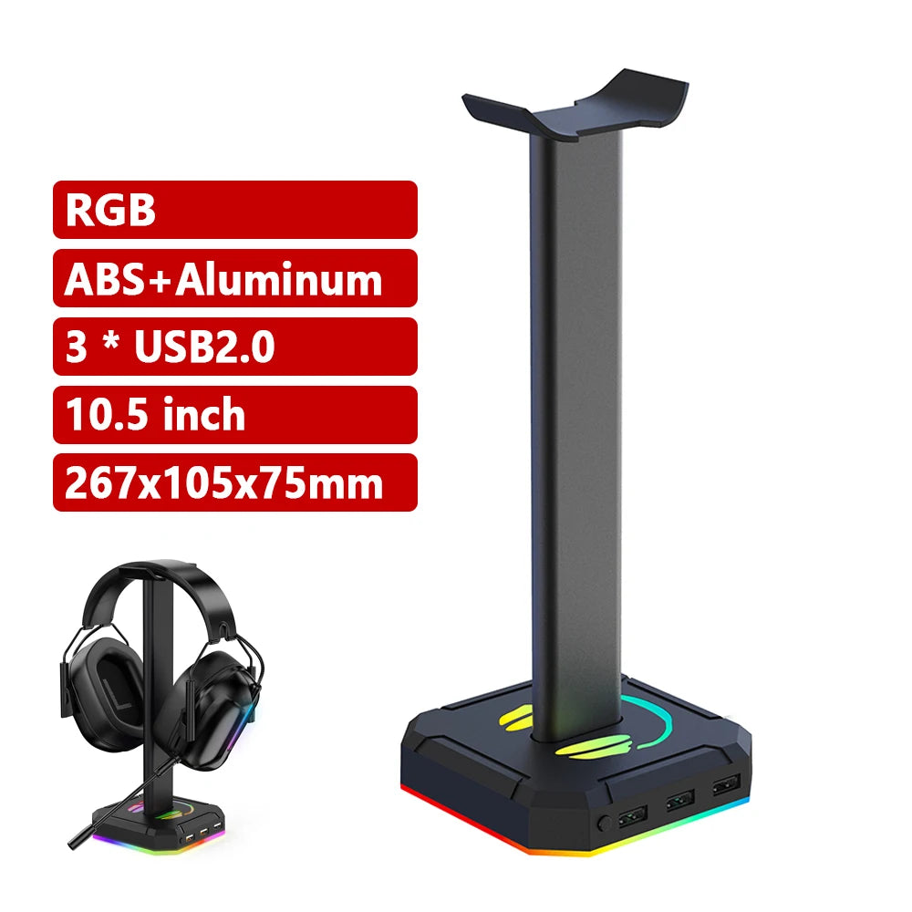 HS-01 RGB Gaming Headphone Stand Bracket Built-In 3.5mm Audio Output Port 10 Lighting Modes Headset Support Stand for Table