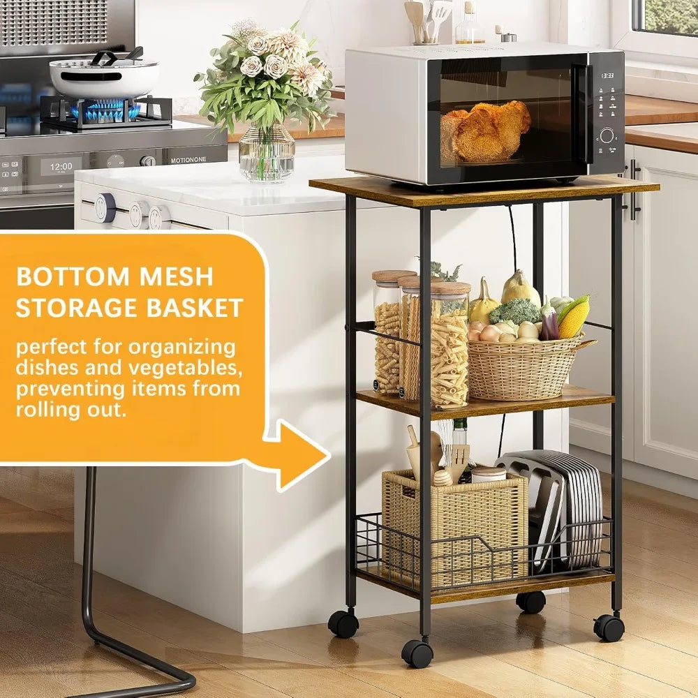 Microwave Cart with Storage, 3-Tier Rolling Kitchen Stand with Wire Basket, Wood and Metal Utility Cart on Wheels, Coffee Bar St