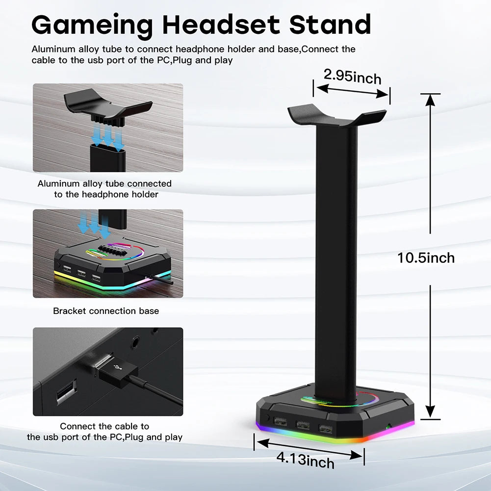RGB Gaming Headphone Stand Over-ear Headset Desk Bracket Desktop Computer Earphone Display Holder Luminous with 3 USB Ports