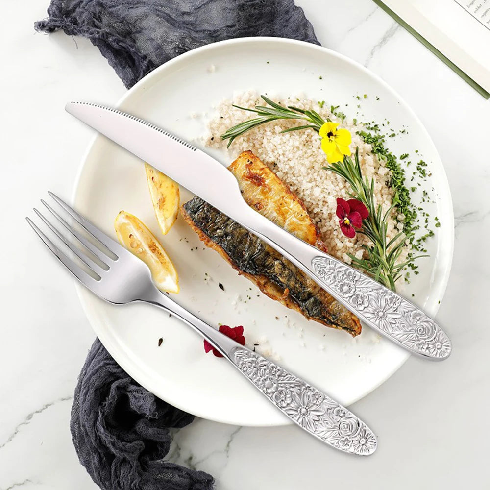 GH304 stainless steel western tableware pattern embossed knives and forks spoon four-piece set for restaurant hotel home use