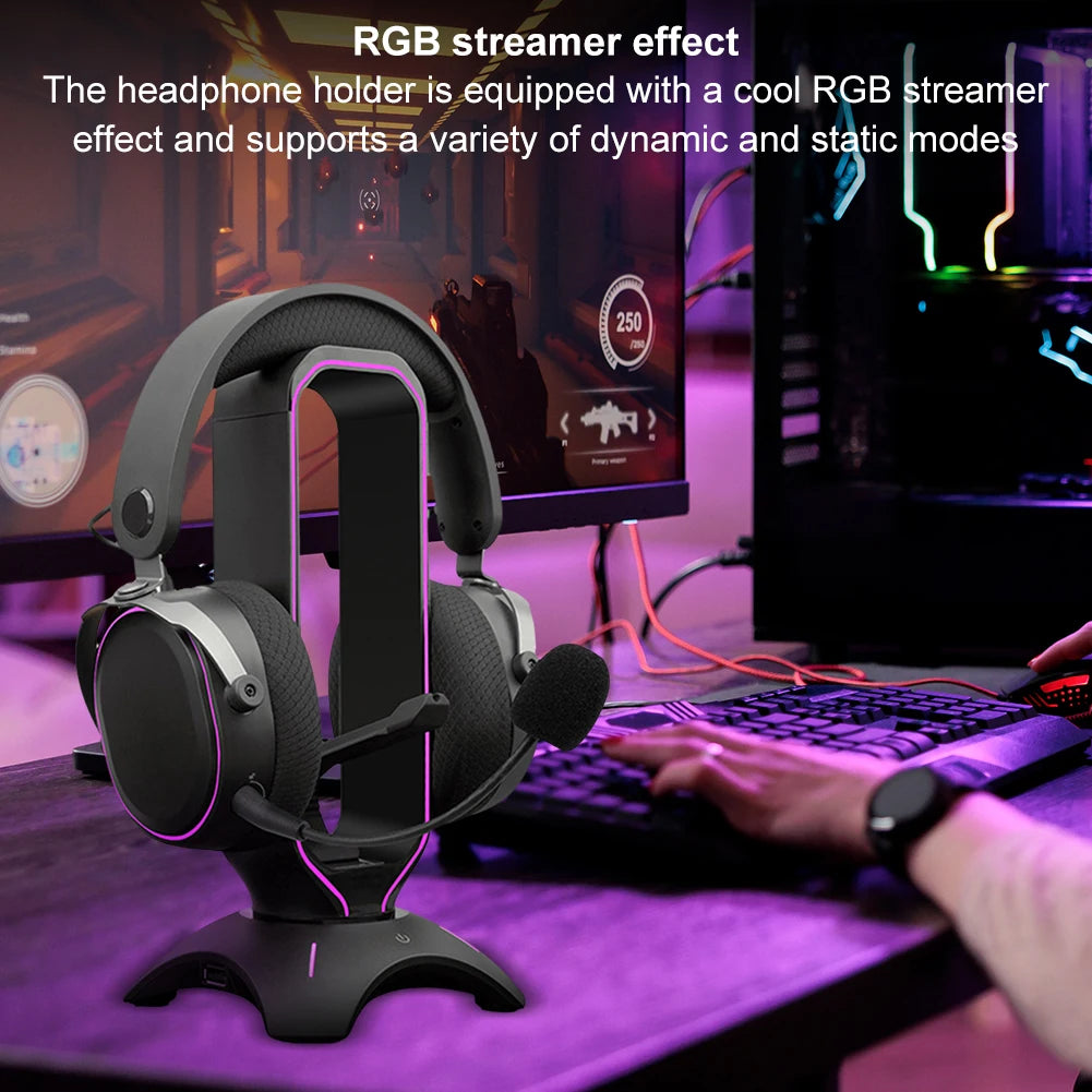 RGB Headset Stand with Mouse Bungee Cord Holder Gaming Headphone Stand with 2 USB Ports Over-Ear Headset Holder for Desk Display