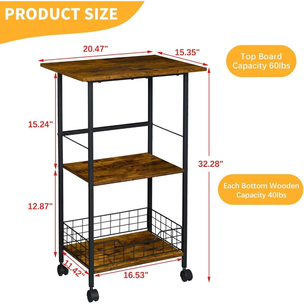 Microwave Cart with Storage, 3-Tier Rolling Kitchen Stand with Wire Basket, Wood and Metal Utility Cart on Wheels, Coffee Bar St