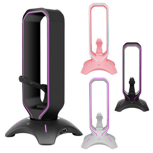 RGB Headset Stand with Mouse Bungee Cord Holder Gaming Headphone Stand with 2 USB Ports Over-Ear Headset Holder for Desk Display