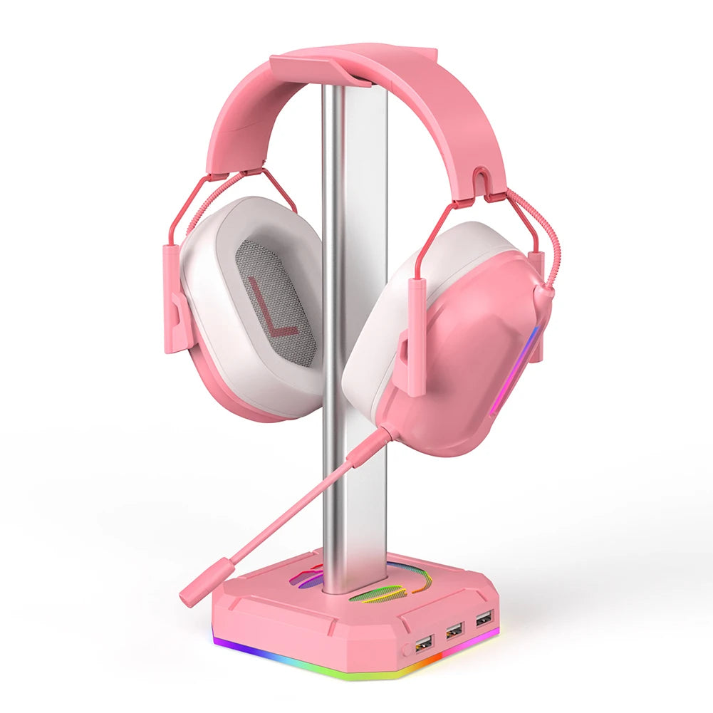 RGB Gaming Headphone Stand Over-ear Headset Desk Bracket Desktop Computer Earphone Display Holder Luminous with 3 USB Ports