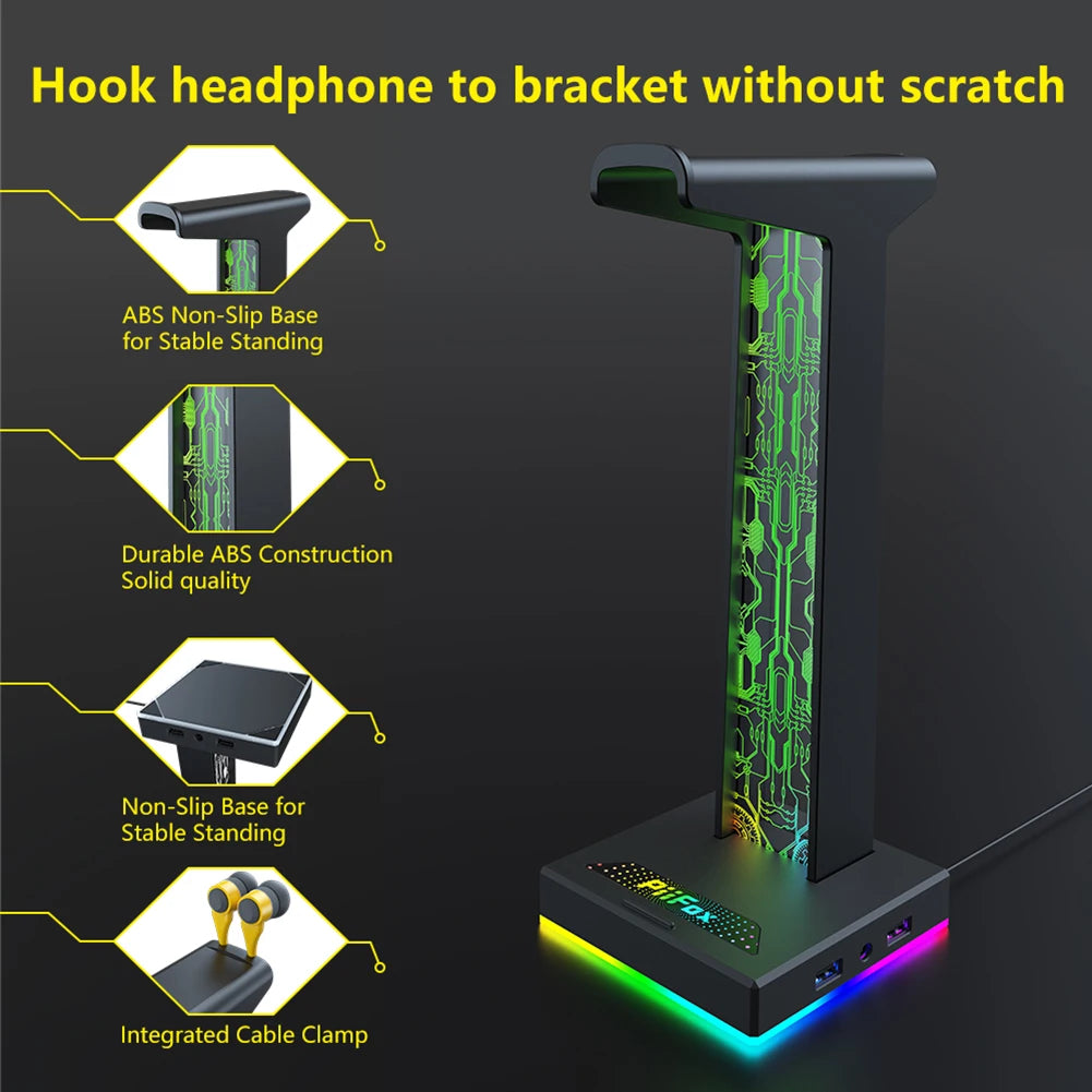HS-01 RGB Gaming Headphone Stand Bracket Built-In 3.5mm Audio Output Port 10 Lighting Modes Headset Support Stand for Table