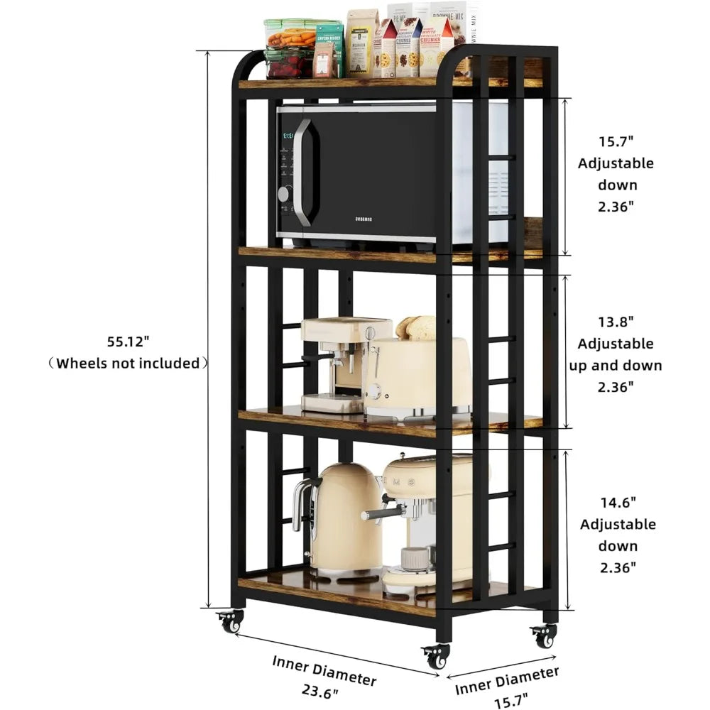 4-Tier Kitchen Baker's Rack with Rolling Wheels, Microwave Oven Cart Stand, Adjustable Utility Shelving Storage Unit, Heavy Duty