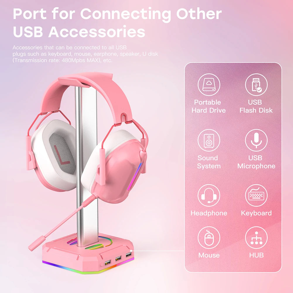 RGB Gaming Headphone Stand Over-ear Headset Desk Bracket Desktop Computer Earphone Display Holder Luminous with 3 USB Ports