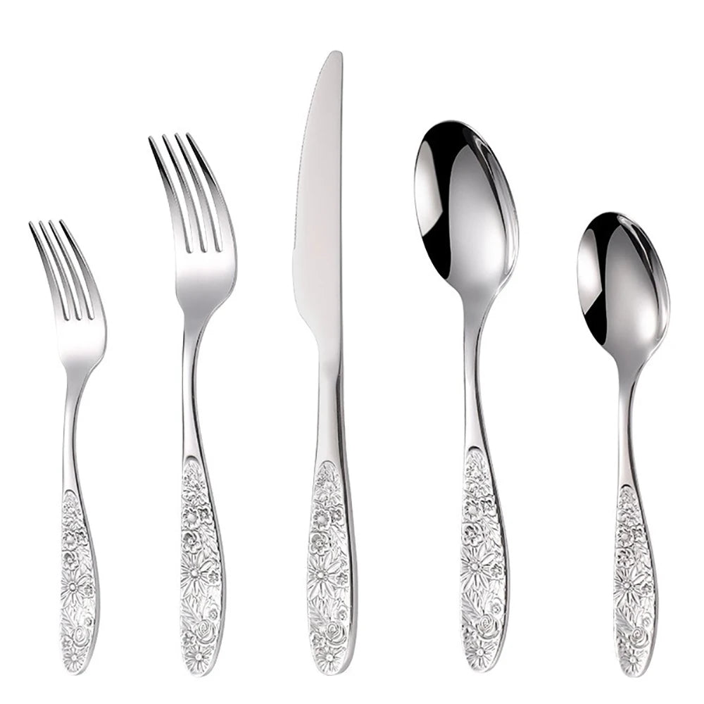 GH304 stainless steel western tableware pattern embossed knives and forks spoon four-piece set for restaurant hotel home use