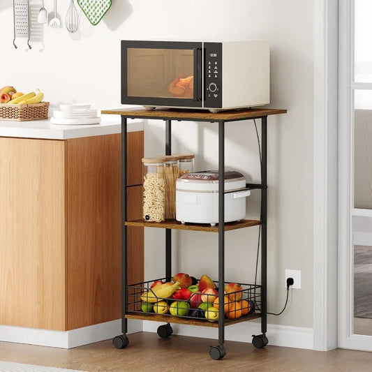 Microwave Cart with Storage, 3-Tier Rolling Kitchen Stand with Wire Basket, Wood and Metal Utility Cart on Wheels, Coffee Bar St